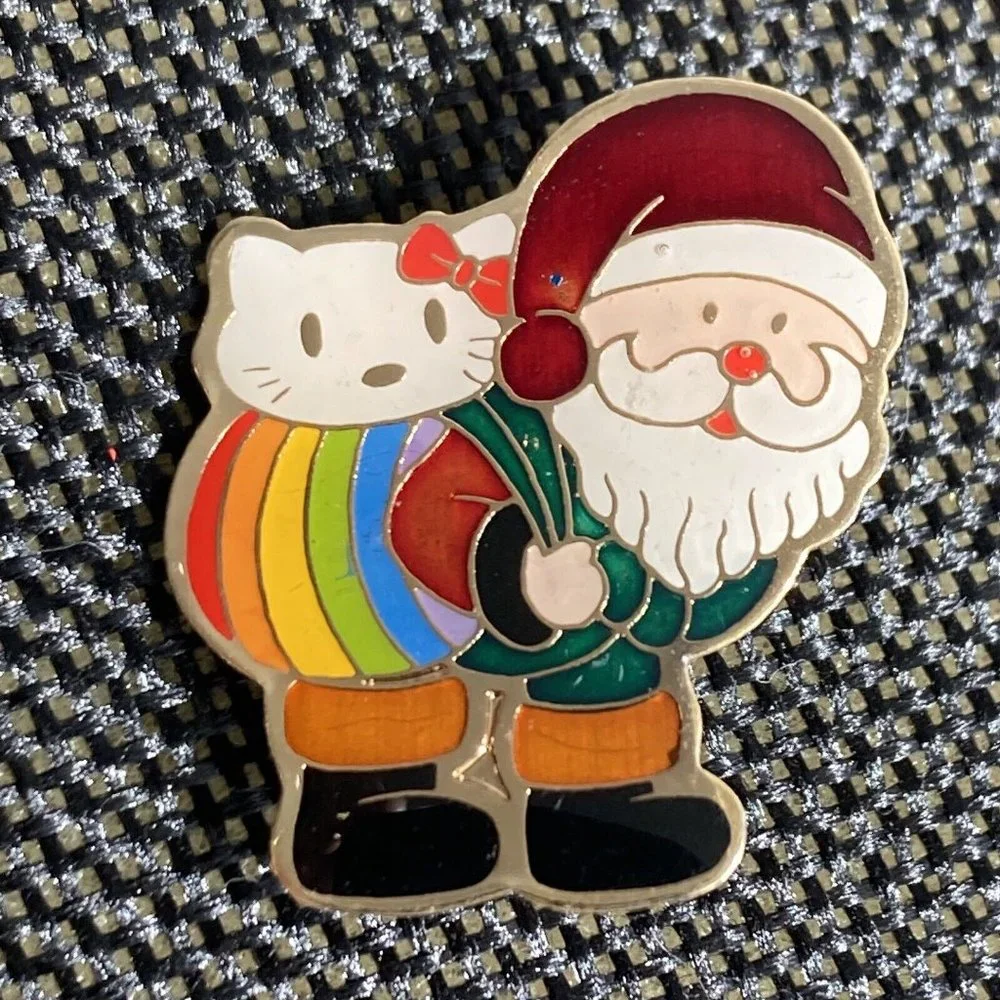 Rainbow Brooch Santa & Kitty Sack Christmas Stocking Holiday Lapel Pin Lot Of 2 - Picture 2 of 5
